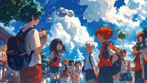 Vibrant anime school courtyard under dramatic cumulus sky