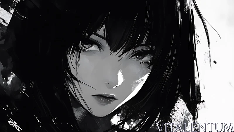 Monochrome anime portrait of girl with intense gaze.