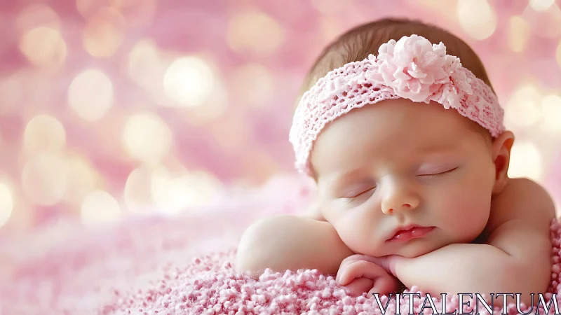 Sleeping newborn in pink textile setting with decorative headwear.