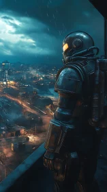 Armored figure observing rain soaked industrial cityscape.