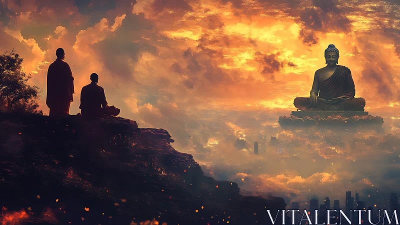 Monks contemplate luminous Buddha above burning cityscape.