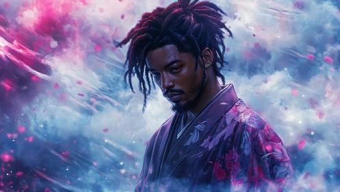 Moody digital portrait of man in kimono amid neon clouds.