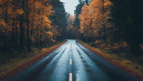 Wet Road Through Golden Autumn Forest Stretches Into Distance.