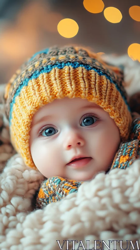 Baby in Golden Knit Hat with Serene Winter Warmth
