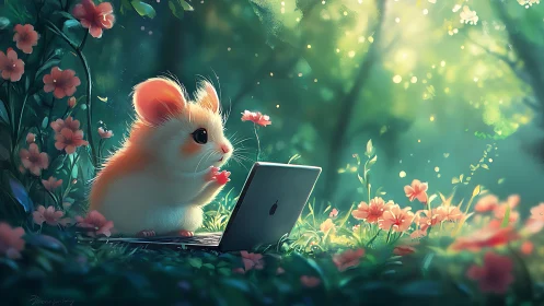 Forest mouse codes beside glowing laptop in wildflowers.