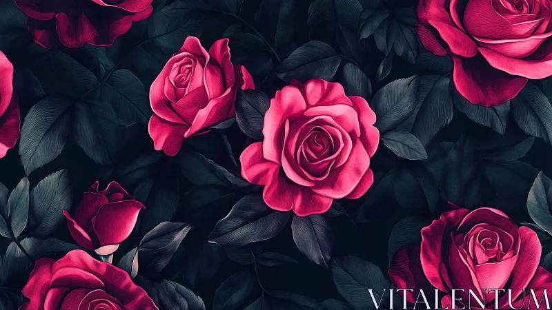 Vibrant Pink Roses with Dark Foliage Against Black Background