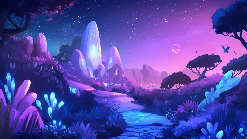 Luminescent alien valley under crystalline twilight sky.