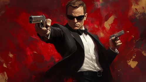 Suited gunman aims pistols against abstract crimson chaos.