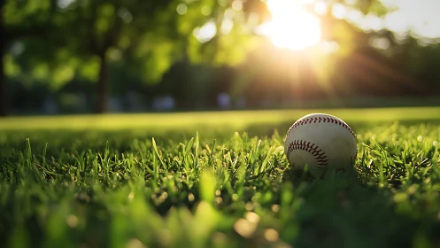 Baseball resting on grass field under low evening sunlight.
