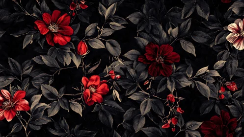 Red Flowers Against Dark Foliage in Botanical Pattern