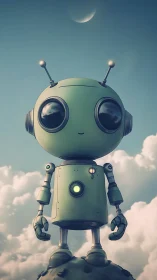 Whimsical green robot under crescent sky with glowing core.