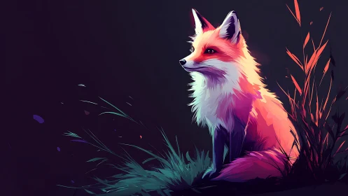Colorful digital fox sitting in stylized night grass.