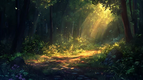 Forest pathway illuminated by filtered sunlight through tall trees.