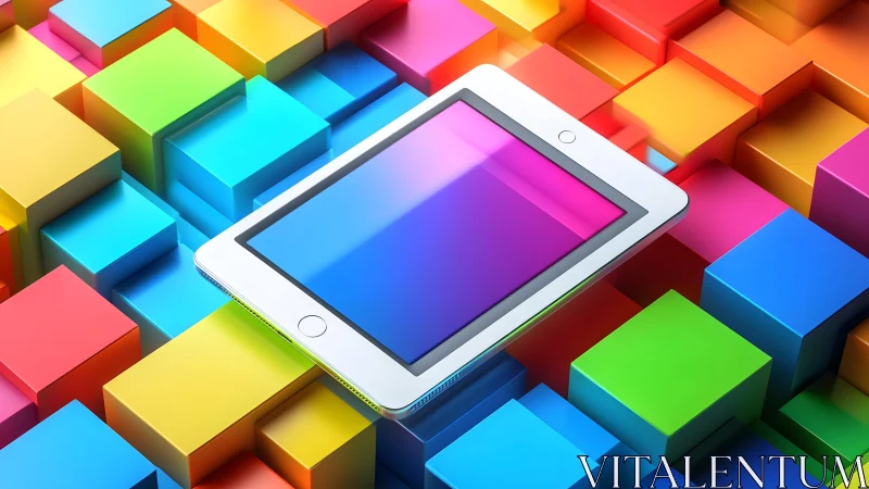 Modern tablet on vibrant geometric cubes, digital art style.