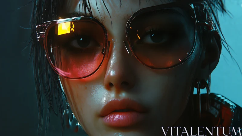 Close cyberpunk portrait with reflective red glasses.