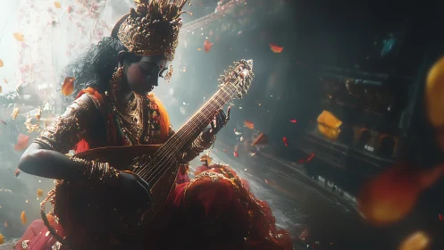 Divine figure in ornate attire plays veena amid drifting petals