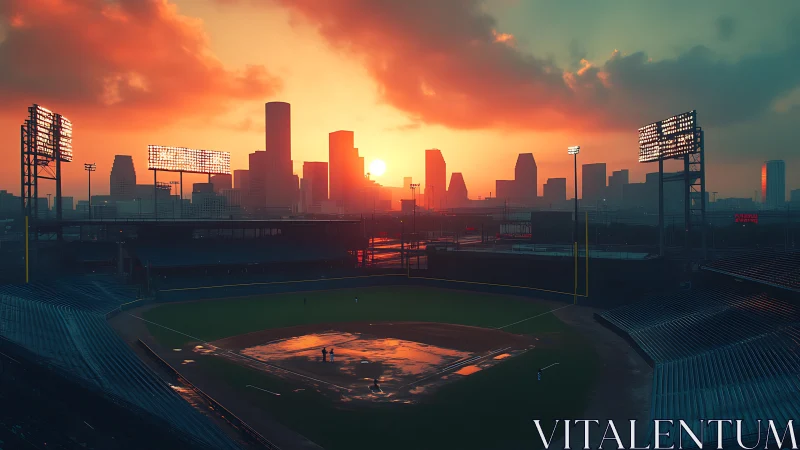 Golden city sunset over a quiet baseball stadium evening.