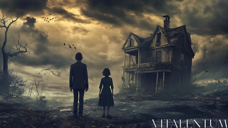 Two quiet figures meet a stormy, forgotten haunted house.