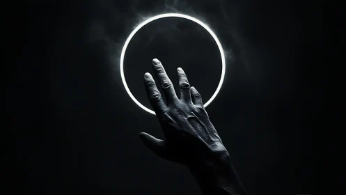 Chromatic hand reaching toward luminant circular halo ring.