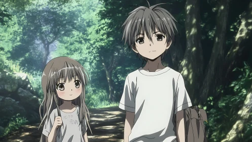 Anime siblings on shaded forest path with soft global lighting