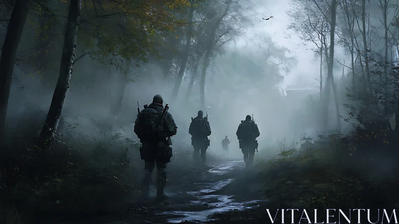 Armed patrol moving through dense misted forest path.