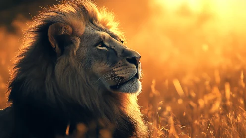 Male lion in side profile observes sunlit grassland calmly