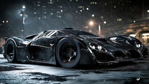 Midnight supercar glides through rain on a glowing city street