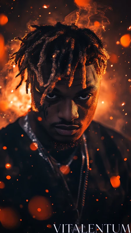 Moody portrait amid glowing ember sparks and swirling smoke.