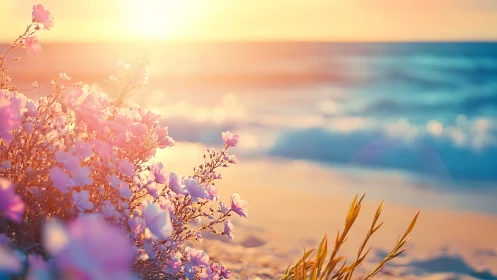 Sunlit pink wildflowers glow beside calm ocean surf at dusk