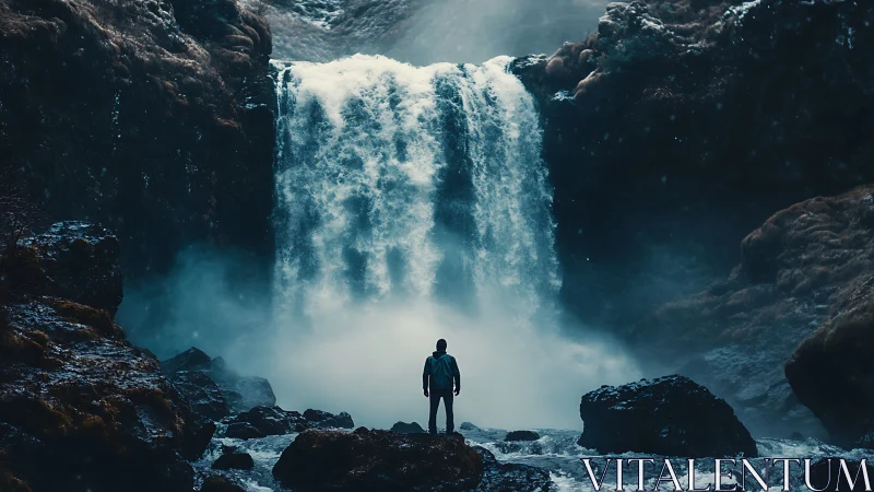Solitary explorer facing roaring waterfall in misty canyon.