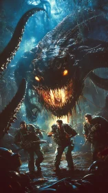 Cinematic 3D jungle horror with soldiers vs colossal beast.