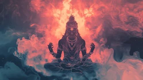 Cosmic meditative deity silhouette framed by incandescent nebula