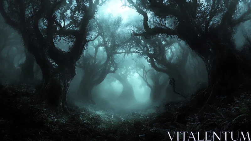 Haunted misty forest corridor glows with eerie moonlit haze