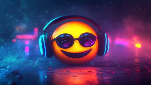 Neon smiley emoji with headphones in cyber club glow.