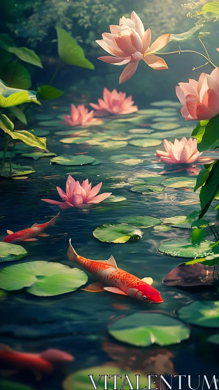 Koi glide beneath lotus blooms in sunlit reflective pond.