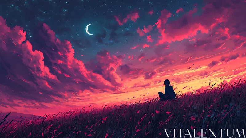 Solitary silhouette observing crescent moon over magenta dusk sky