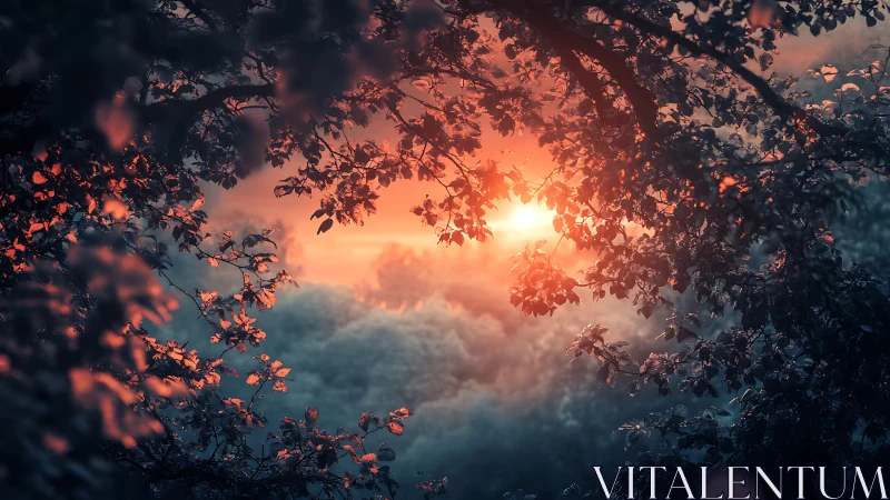 Sunset glow burns through forest canopy over misty valley.