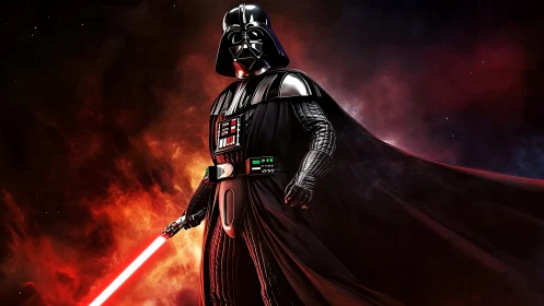 Armored dark warrior with red energy sword on burning nebula