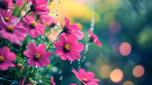 Cosmos Petals with Falling Droplets: Macro Photography Study.