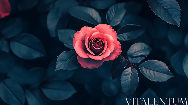 Red rose with dark teal foliage background