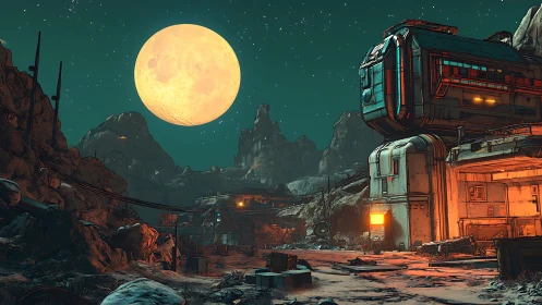 Large moon illuminates stylized industrial outpost at night