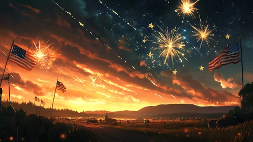Fireworks over rural landscape with American flags at dusk.