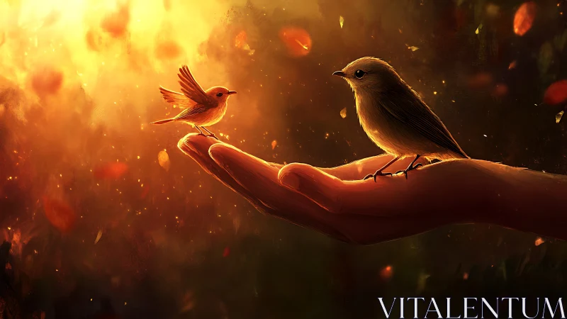 Gentle golden moment with two birds resting in a hand.