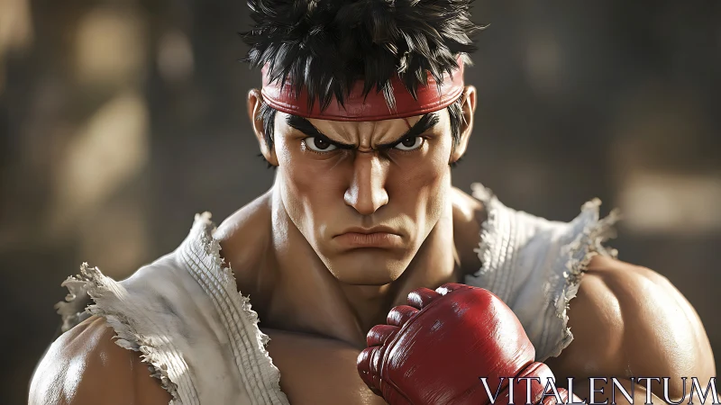 Digital close-up of martial artist character in gloves.