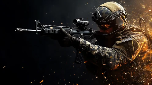 Tactical warrior ignites the dark with blazing precision fire.
