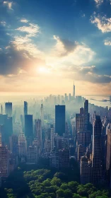 Sunlit skyline with dense city towers and park foreground.