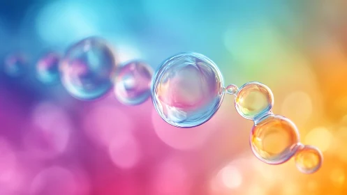 Glistening soap bubbles drift across a dreamy rainbow glow