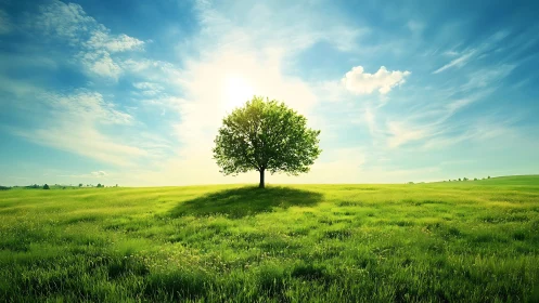 Solitary deciduous tree centered in expansive green meadow.