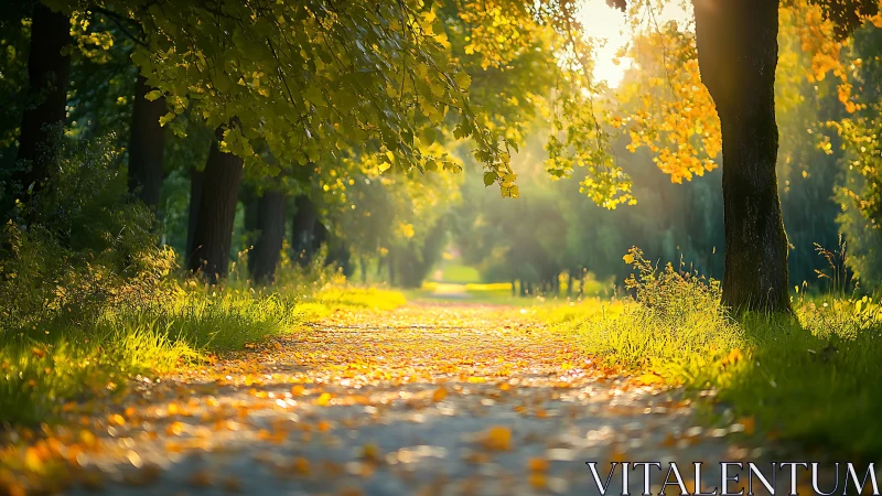 Sunlit tree-lined path carpeted with early autumn leaves.