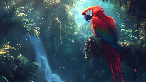 Scarlet jungle parrot resting by a misty hidden waterfall.